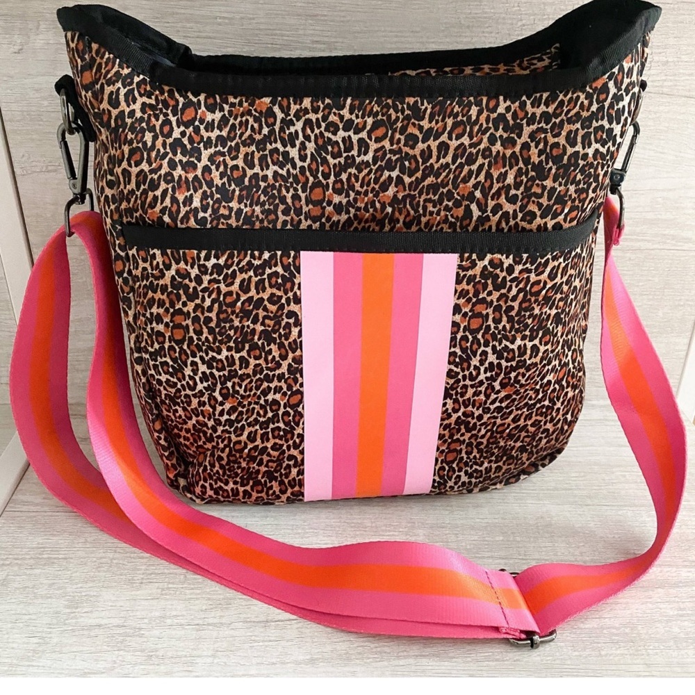 Chic Leopard Crossbody Bag with Pink and Orange Strap